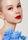 Beauty Fashion Portrait. Beautiful Woman with Makeup and Flowers. Inspiration of spring and summer. Perfume, cosmetics Royalty Free Stock Photo