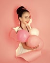 Beauty fashion portrait. Birthday happiness in childhood, look. birthday party balloons and happy girl.