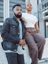 Beauty, fashion and portrait of black couple in city for love, support and summer break. Urban, cool style and