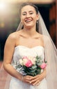 Beauty, fashion and portrait of a happy bride standing outdoor a church at a marriage ceremony. Romantic wedding, smile Royalty Free Stock Photo