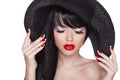 Beauty fashion girl portrait in black hat. Red lips and pol Royalty Free Stock Photo