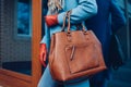 Beauty and fashion. Stylish fashionable woman wearing coat and gloves ,holding brown bag handbag Royalty Free Stock Photo