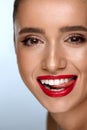 Beauty Fashion Woman Face With Perfect White Smile, Red Lips Royalty Free Stock Photo