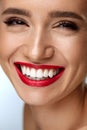 Beauty Fashion Woman Face With Perfect White Smile, Red Lips Royalty Free Stock Photo