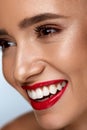 Beauty Fashion Woman Face With Perfect White Smile, Red Lips Royalty Free Stock Photo