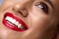 Beauty Fashion Woman Face With Perfect White Smile, Red Lips Royalty Free Stock Photo