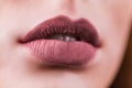 Beauty Fashion woman lips with natural Makeup. Matte lipstick. Beauty girl face close up. Nude Colors. lips