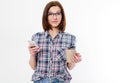 Beauty fashion woman wearing glasses,plaid shirt isolated on white background. Beautiful young brunette with trendy Royalty Free Stock Photo