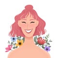 Beauty female portrait decorated with colorful flowers. Smiling young woman avatar. Girl with pink hair