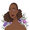 Beauty female portrait decorated with flowers. Elegant African woman avatar with floral background.