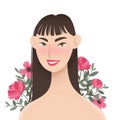 Beauty female portrait decorated with pink peonies flowers. Elegant Asian woman avatar with floral background