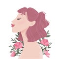 Beauty female portrait decorated with pink peonies flowers. Young woman avatar. Girl with pink hair