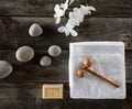 Beauty feng shui wallpaper with pebbles, flowers, towel and massager