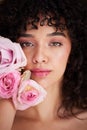 Beauty, flowers and portrait of woman with makeup, cosmetics and hair care for wellness, glamour and glow. Salon