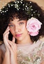 Beauty, flowers and portrait of woman with makeup, cosmetics and hair care for wellness, glamour and glow. Spring