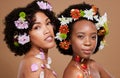 Beauty, flowers and skincare with black women friends together for natural cosmetics, makeup and self care mockup on Royalty Free Stock Photo