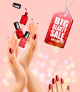 Beauty flyer with manicured female hands and nail polish bottles.