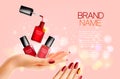 Beauty flyer with nail polish bottles and manicured female hands.