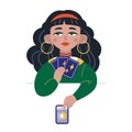 Beauty Fortune tellers, cartoon style. Young Gypsy girl lays out tarot cards on table. Trendy modern vector illustration