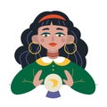 Beauty Fortune tellers, cartoon style. Young Gypsy girl are telling the future by crystal ball. Trendy modern vector