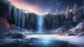 Beauty of a frozen waterfall under the gentle glow of starlight