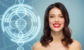 Woman with red lipstick over dna molecule
