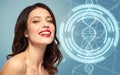 Woman with red lipstick over dna molecule