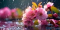 beauty of a gentle spring rain shower, with raindrops glistening on colorful petals and leaves.