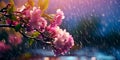 beauty of a gentle spring rain shower, with raindrops glistening on colorful petals and leaves.