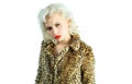 Beauty of girl. Beautiful woman with beauty makeup and blond hair wearing leopard print coat. Beauty and fashion look of Royalty Free Stock Photo