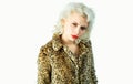 Beauty of girl. Beautiful woman with beauty makeup and blond hair wearing leopard print coat. Beauty and fashion look of Royalty Free Stock Photo