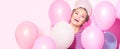 Beauty girl with colorful air balloons laughing over pink background. Beautiful Happy Young woman on birthday holiday party Royalty Free Stock Photo