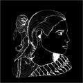 Girl in profile in Indian clothes. Black and white drawing. Chalk on a blackboard.