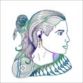 Girl in profile in Indian clothes. Colorful drawing.