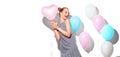 Beauty girl with red heart shaped air balloon laughing over white background. Beautiful Happy woman on birthday party, Love Royalty Free Stock Photo