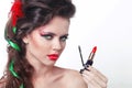 Beauty Girl with red lipstick and mascara