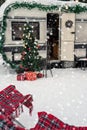 Beauty girl in santa costume at winter campsite