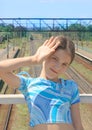 Beauty girl on train rails landscape background Royalty Free Stock Photo