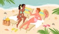 Beauty girls on tropical exotic sea beach with palm trees, beautiful woman in bikini