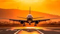 Beauty of a golden sunset as an airplane completes its descent, Generative AI