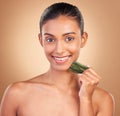 Beauty, gua sha and portrait of Indian woman with smile for skincare, facial treatment and spa wellness. Salon Royalty Free Stock Photo
