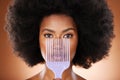 Beauty, hair care and black woman with an afro comb in a studio isolated by a brown background. Health, wellness and