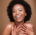 Beauty, hair care and portrait of black woman with smile on brown background studio. Wellness, skincare and face of Royalty Free Stock Photo