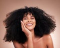 Beauty, hair and face portrait of black woman on brown background for wellness, shine and natural glow. Salon, luxury Royalty Free Stock Photo