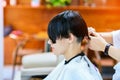 Beauty, hairstyle, treatment, hair care concept, young woman and hairdresser cutting hair at hairdressing salon. Hairdresser cutts Royalty Free Stock Photo