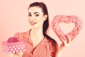 Beauty happy girl with Valentine Gift box. Royalty Free Stock Photo