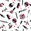 Beauty hashtag seamless pattern with cosmetics for bloger. Glamour collection design