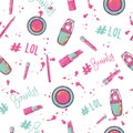 Beauty hashtag seamless pattern with cosmetics for bloger. Glamour collection design