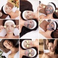 Beauty, healthy lifestyle and relaxation concept - collage of many pictures with beautiful young women having facial or body massa