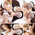 Beauty, healthy lifestyle and relaxation concept - collage of many pictures with beautiful young women having facial or body massa